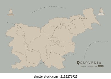 Slovenia Map - World Map International vector template High detailed with brown color isolated on grey background including simple point of location, wind, boat icon - Vector illustration eps 10