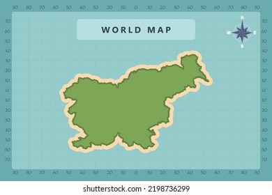 Mapa de Eslovenia - Mapa Mundial Plantilla vectorial internacional Alto detalle con color verde y crema aislado en fondo azul incluyendo icono de la rosa de la brújula - Ilustración vectorial eps 10