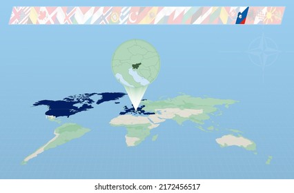 Slovenia member of North Atlantic Alliance selected on perspective World Map. Flags of 30 members of alliance. Vector illustration.