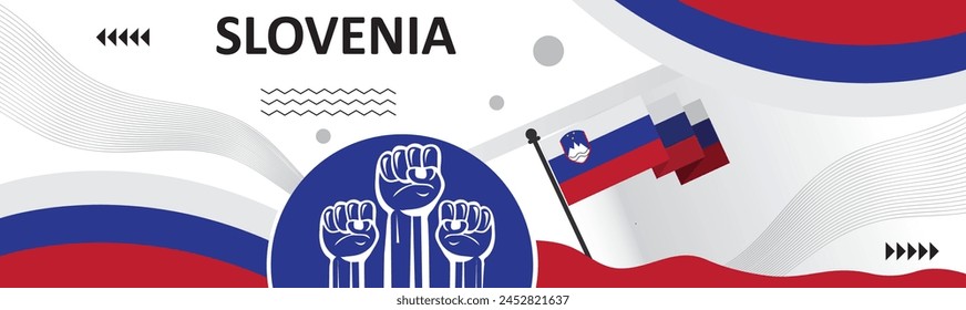 Slovenia national day banner with Slovenian flag colors theme background, Happy holiday.creative independence day banner with raising hand. Poster, card, banner, template, for Celebrate annual..eps