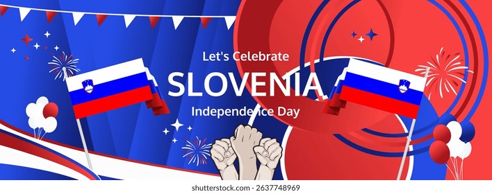 Slovenia National Day modern greeting banner. 26 December Happy Slovenia Independence And Unity Day. Festive horizontal background with flag colors, great for carnival poster, celebrations holiday