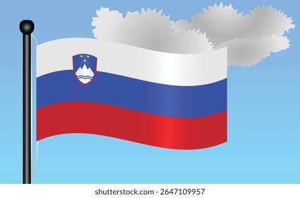 Slovenia national flag waving against a bright blue sky. representing national pride, unity, and heritage in Europe with its vibrant colors and iconic design. Patriotic symbol of identity or pride