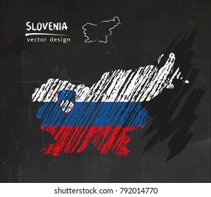 Slovenia national vector map with sketch chalk flag. Sketch chalk hand drawn illustration