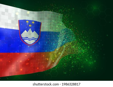 Slovenia, on vector 3d flag on green background with polygons and data numbers