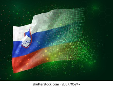 Slovenia, on vector 3d flag on green background with polygons and data numbers