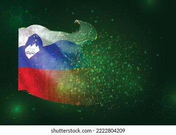 Slovenia, on vector 3d flag on green background with polygons and data numbers