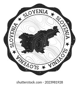 Slovenia outdoor stamp. Round sticker with a map of the country featuring topographic isolines. Vector illustration. Can be used as an insignia, logotype, label, sticker, or badge of Slovenia.