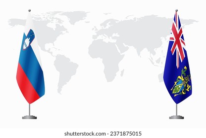 Slovenia and Pitcairn Islands flags for official meeting against background of world map.