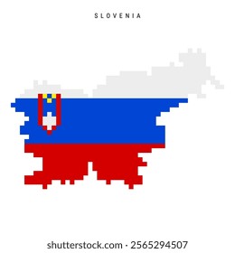 Slovenia pixel flag map icon. 8 bit pixel art Slovenian map covered with flag. Flat vector illustration isolated on white background.