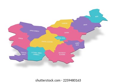 Slovenia political map of administrative divisions - statistical regions. 3D colorful vector map with name labels.