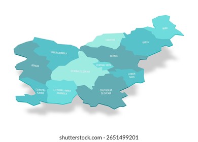 Mapa político da Eslovênia de divisões administrativas - regiões estatísticas. Mapa de vetor turquesa 3D com rótulos de nome.