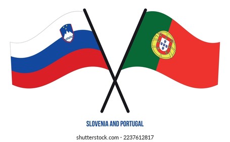 Slovenia and Portugal Flags Crossed And Waving Flat Style. Official Proportion. Correct Colors.