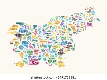 Slovenia regions word cloud. Country logo design. Regions typography style vector image. Slovenia colored text cloud. Amazing vector illustration.