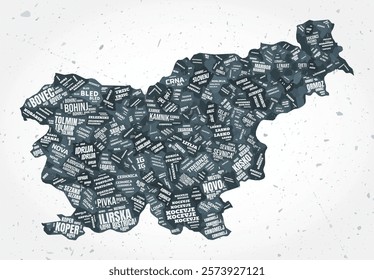 Slovenia regions word clouds. Country shape on textured background. Slovenia design in typographic style. Vibrant vector illustration.