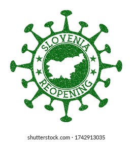 Slovenia Reopening Stamp. Green round badge of country with map of Slovenia. Country opening after lockdown. Vector illustration.