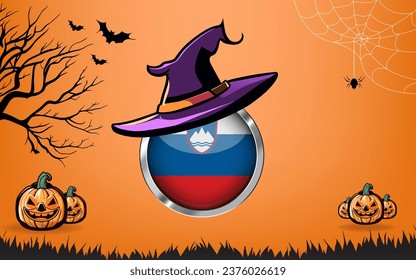 slovenia round flag with Happy Halloween banner or party invitation background. bats, spiders and pumpkins, orange background