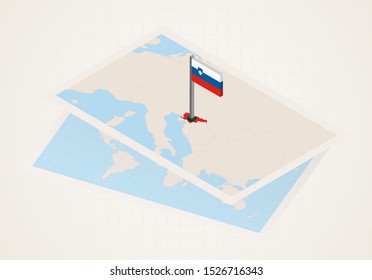 Slovenia selected on map with isometric flag of Slovenia. Vector paper map.