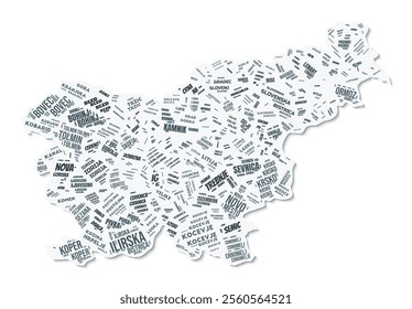 Slovenia shape text cloud. Country border with shadow on white background. Slovenia with regions division in vintage gazette style. Vibrant vector illustration.