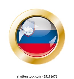 Slovenia shiny button flag with golden ring vector illustration. Isolated abstract object against white background.
