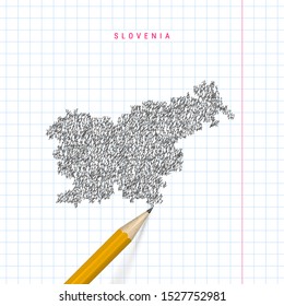 Slovenia sketch scribble map drawn on checkered school notebook paper background. Hand drawn vector map of Slovenia. Realistic 3D pencil.