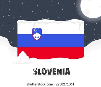 Slovenia snowy weather concept, cold weather and snowfall, Slovenia weather forecast winter banner idea, snow cap on flag with snowballs and moon, blizzard and adverse weather conditions