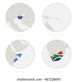 Slovenia, Solomon Islands, Somalia, South Africa map contour and national flag in a circle. Vector Illustration.