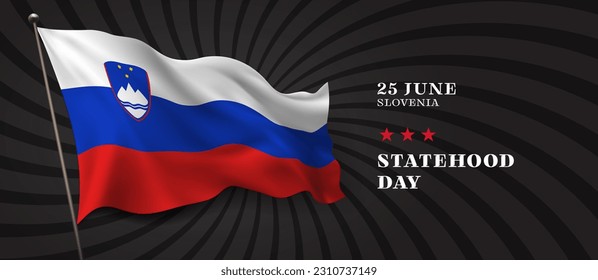 Slovenia statehood day vector banner, greeting card. Slovenian wavy flag in 25th of June national patriotic holiday horizontal design