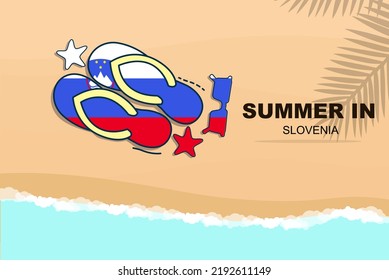 Slovenia summer holiday vector banner, beach vacation concept, flip flops sunglasses starfish on sand, copy space area, Slovenia summer travel and tourism idea with flag