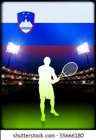 Slovenia Tennis Player on Stadium Background with Flag Original Illustration