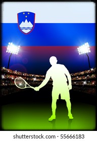 Slovenia Tennis Player on Stadium Background with Flag Original Illustration