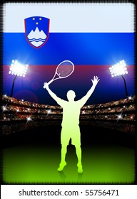 Slovenia Tennis Player on Stadium Background with Flag Original Illustration