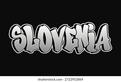 Texto de Eslovenia mostrado en letras de burbuja de graffiti en negrita con un gradiente plateado y un contorno blanco, sobre un fondo negro sólido, que representa el arte callejero y la cultura urbana
