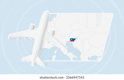 Slovenia Travel Illustration with Plane and National Flag. Ideal for travel agencies, promotional materials, or geographic content related to Slovenia.