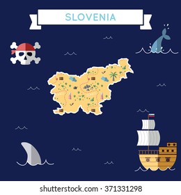 Slovenia treasure map in flat design. Colorful cartoon treasure map of Slovenia with flat design icons of pirate ship and jolly roger. Slovenia flat design vector illustration.