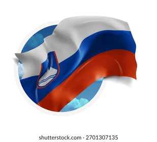 Slovenia, vector 3d flag against a blue sky, through a round hole on a white background