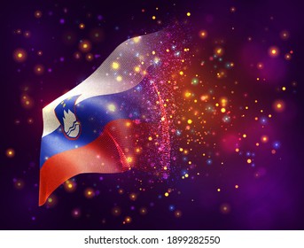 Slovenia, vector 3d flag on pink purple background with lighting and flares