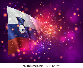 Eslovenia, bandera vectorial 3d sobre fondo púrpura rosa con iluminación y bengalas
