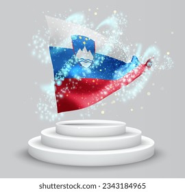 Eslovenia, bandera vectorial 3d en el podio rodeada por un torbellino de radiancia mágica