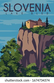 Slovenia Vector Illustration Background. Travel to Lake Bled Slovenia Europe. Flat Cartoon Vector Illustration in Colored Style.