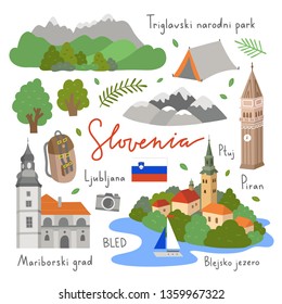 Slovenia vector illustrations set on white background. Visit Slovenia icons and symbols. Travel elements with nature and architecture of Europe