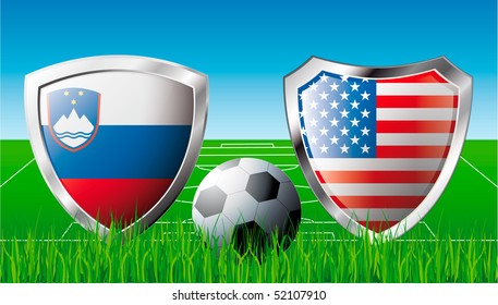 Slovenia versus USA abstract vector illustration isolated on white background.  Shiny football shield of flag Slovenia versus USA
