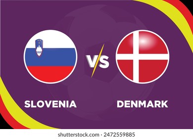 Slovenia Vs Denmark Football match thumbnail. Rival flags of both teams with football shape. Isolate with purple color and Football silhouette.Editable EPS file. SLO VS DEN football match concept.