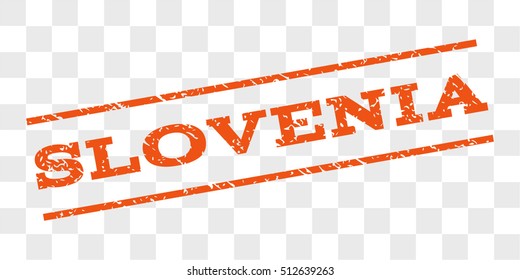 Slovenia watermark stamp. Text caption between parallel lines with grunge design style. Rubber seal stamp with dust texture. Vector orange color ink imprint on a chess transparent background.