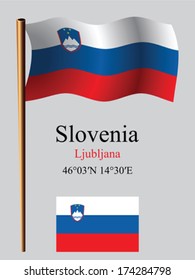 slovenia wavy flag and coordinates against gray background, vector art illustration, image contains transparency