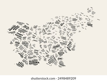 Slovenia Word Cloud. Country with regions division. Slovenia typographic text clouds vector image design. Vintage gazette style country shape image. Stylish vector illustration.
