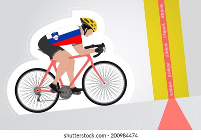 Slovenian cyclist riding upwards to finish line vector isolated illustration