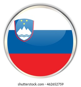 Slovenian Flag. Glossy button with glare in bright round frame.