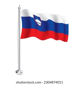 Slovenian Flag. Isolated Realistic Wave Flag of Slovenia Country on Flagpole. Vector Illustration.