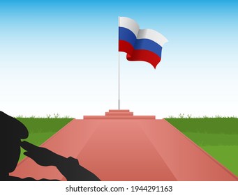 Slovenian flag on the pole with the image of a soldier saluting the flag