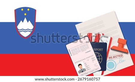 Slovenian flag with passport, visa application, airplane tickets, and a rejected stamp, signifying a denied travel application.